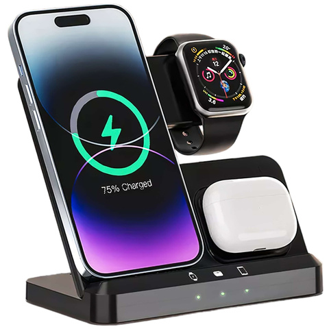 Kabelloses induktives Ladegerät Qi QC 3.0 3in1 Fast für Apple iPhone Airpods Watch Ladestation 15W schwarz