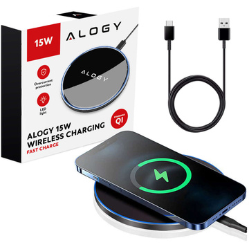 Ładowarka indukcyjna Ultra-Slim Qi 15W – bezprzewodowa, szybkie ładowanie z podświetleniem LED, okrągła do iPhone Samsung, w zestawie kabel USB-C – Alogy SlimCharge™ Czarna