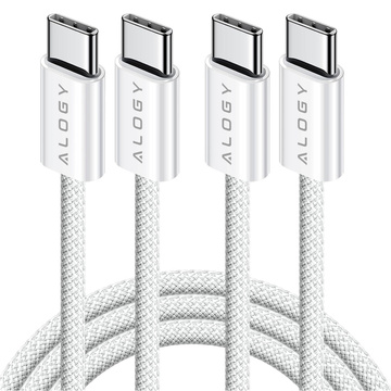2x Kabel USB-C typ C mocny szybki 60W PD 1M do iPhone 15/16/Pro/Max nylonowy przewód Alogy biały [2szt]