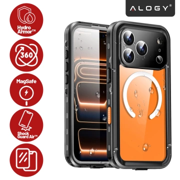 Etui Wodoodporne do Apple iPhone 17 Pro Max 6,9", Pancerna Obudowa 360° z Przezroczystym Tyłem, Kompatybilna z MagSafe, Alogy HydroArmor™ IP68 Case – Czarne