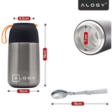 Termos pojemnik obiadowy na jedzenie żywność zupę lód  dla dzieci 700ml Alogy ze stali nierdzewnej + składana łyżeczka termiczny szary