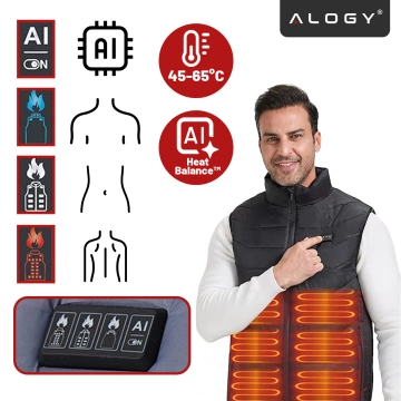 Kamizelka grzewcza z 28 strefami – 4-stopniowa regulacja temperatury, zasilanie USB, idealna na zimę i aktywności outdoor – Alogy ThermoVest™ Czarna (XL)