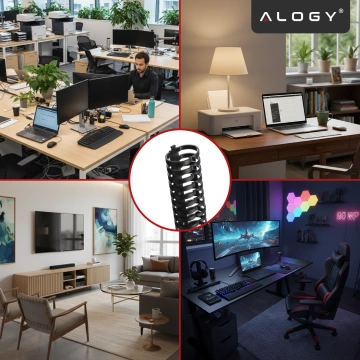 Sprężynowy organizer na kable pod biurko – elastyczna maskownica 50×4 cm, samoprzylepna, do porządkowania przewodów – Alogy CableStrip™ Czarny