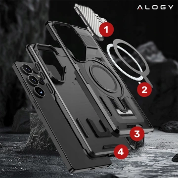 Etui do Samsung Galaxy S25 Ultra Case do MagSafe Wzmocniona Pancerna ochrona obiektywów z funkcją podstawki obudowa ochronna na telefon Alogy HeavyDuty Mag™️Czarne + SZKŁO HARTOWANE