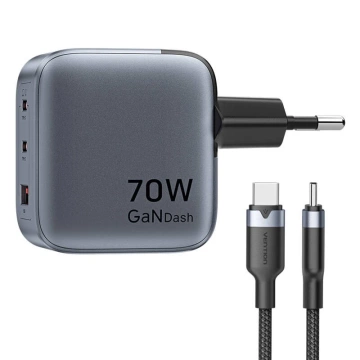 GaN Vention USB-C CA-Ladegerät 70 W USB-C-auf-USB-C-Kabel 1 m (Grau)