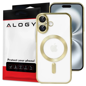 Etui Case MagSafe Case do iPhone 16 Plus Glamour Luxury obudowa Slim Ring Alogy złote przezroczyste + szkło hartowane
