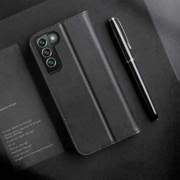 Dux Ducis Hivo skórzane etui z klapką pokrowiec ze skóry naturalnej portfel na karty i dokumenty Samsung Galaxy S22+ (S22 Plus) czarny