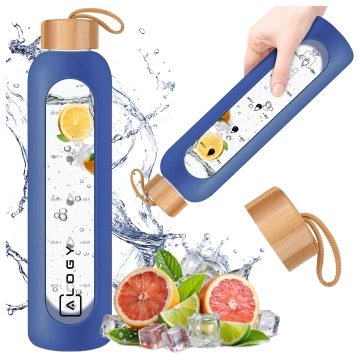 Große Glasflasche, Trinkflasche Alogy Motivational Messbecher 1l 1000ml, Silikonhülle Blau