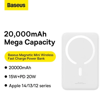 Powerbank Baseus Magnetic Mini 20000 mAh 20W Biały + Kabel USB-C
