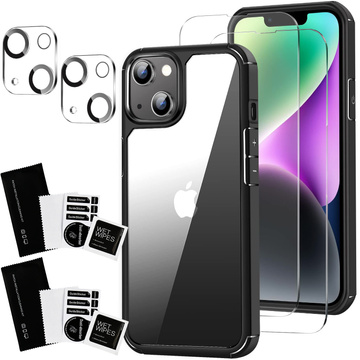Etui Case do iPhone 14 + zestaw 4 szkieł 5w1 pancerne 360 Alogy Hybrid 2x Szkło na ekran +2x obiektyw czarno-przezroczyste