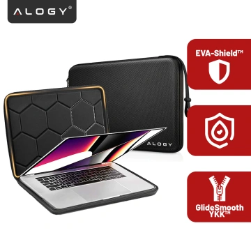 Torba na laptopa 13–14" do MacBook Air / Pro (M1 M2 M3 M4) – twarde etui ochronne Hard Foam, sztywna konstrukcja, ochrona przed uderzeniami i wilgocią – Alogy ShieldCase™ Czarna