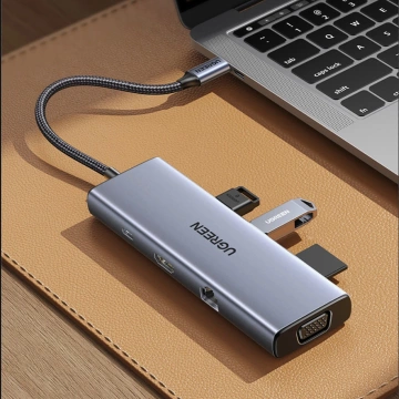 Ugreen CM498 USB-C HDMI VGA RJ45 Adapter USB-A SD PD 100W Hub 9in1 Grau
