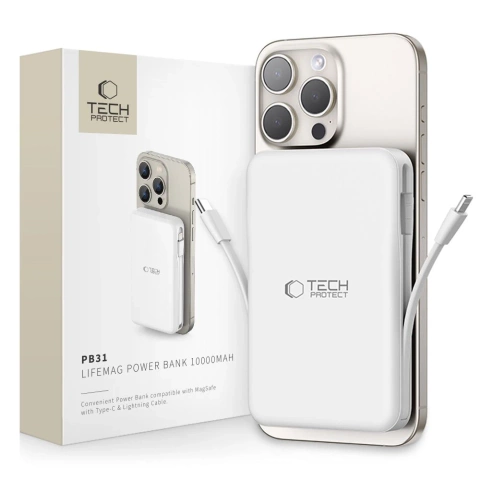 Powerbank magnetyczny z przewodem PB31 Lifemag Magsafe Power Bank 10000 mAh (Typ C + Lightning) Biały