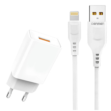  Ładowarka sieciowa USB + kabel USB - Lightning do iPhone 1m szybka 2.4A 12W Denmen Biała