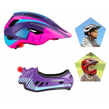 Rockbros TT-32SBPP-M Kinderfahrradhelm mit abnehmbarem Kinnbügel, Größe M – Lila-Pink