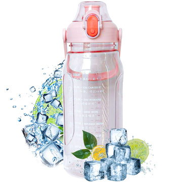 Motivierende Trinkflasche mit Strohhalm, 1,5 l, Erinnerung, motivierender Messbecher, Griff, rosa Waschbürste