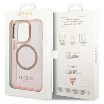 Etui na telefon Guess do  iPhone 14 Pro Max 6,7" różowy/pink hard case Gold Outline Translucent MagSafe