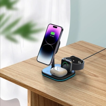 QI15W-A27 3IN1 magnetisches MagSafe kabelloses Ladegerät für iPhone/AirPods/Watch Schwarz