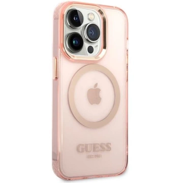 Etui na telefon Guess do  iPhone 14 Pro Max 6,7" różowy/pink hard case Gold Outline Translucent MagSafe