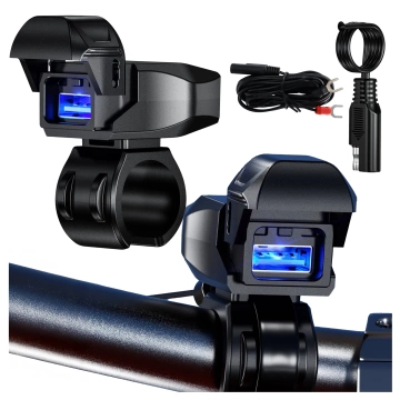 Kewig USB-A Motorradladegerät 18W, QC-Schnellladung, wasserdicht (IP65) mit Ein-/Ausschalter und LED-Hintergrundbeleuchtung, Lenkerhalterung, für Handy, Kamera und Gegensprechanlage – Schwarz