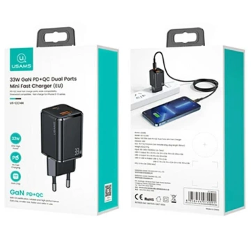 USAMS Wandladegerät 1xUSB-C 1xUSB T43 33W PD3.0 QC3.0 Kabel U63 USB-C zu Lightning schwarz/schwarz USKTZ01