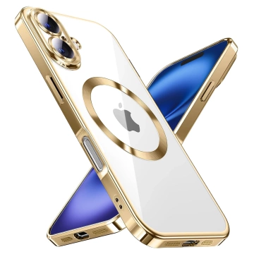 Etui Case MagSafe Case do iPhone 16 Plus Glamour Luxury obudowa Slim Ring Alogy złote przezroczyste + szkło hartowane