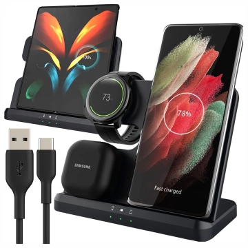 Ładowarka Bezprzewodowa Indukcyjna 3w1 Qi 3.0 Szybka do Samsung S22 S23 S24 S25 Galaxy Watch Buds Stacja czarna 