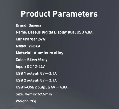 Baseus ładowarka samochodowa 2x USB 4,8A 24W z LCD + kabel 3w1 USB - USB Typ C / micro USB / Lightning 1,2m czarny (TZCCBX-0G)