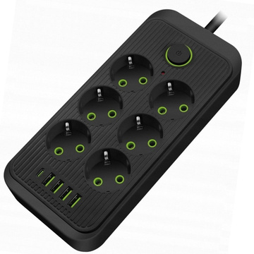 Verlängerungskabel Steckdosenleiste 6 Steckdosen AC EU-Steckdosen 4x USB USB-C Typ C-Steckdosen 2500 W Schwarz