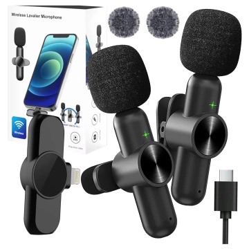 Mikrofon Bezprzewodowy 2x Zestaw - Lightning do iPhone, redukcja szumu, lekka konstrukcja, zasięg do 20 metrów - 2x Mikrofon Krawatowy z Futerkową Osłoną, Odbiornik do telefonu - Alogy DualVoice™ Czarny