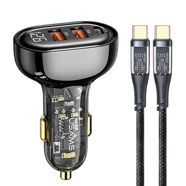 USAMS Ładowarka samochodowa 2xUSB+1xUSB-C 80W Fast Charge + kabel USB-C - USB-C  BXLACCTC01