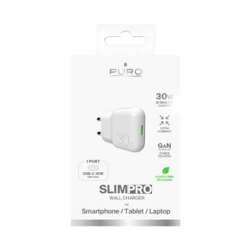 GaN Puro SLIMPRO 30W USB-C PD Wandladegerät Weiß Kompakt