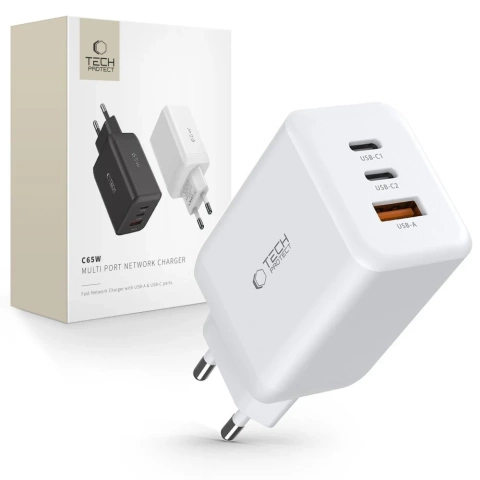 Ładowarka Sieciowa C65W 3-PORT Network Charger PD65W/QC3.0 2-porty USB-C + 1 port USB-A Biały