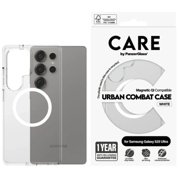 Samsung Galaxy S25 Ultra CARE Case von PanzerGlass Flagship Urban Combat Weiß QI Transparent