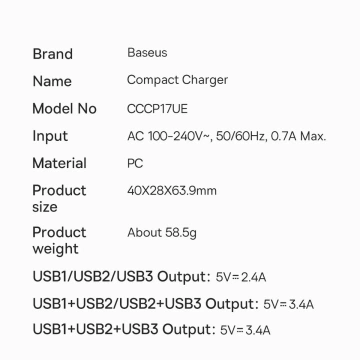 Baseus Compact 3x USB Typ A 17W Wandladegerät Schwarz