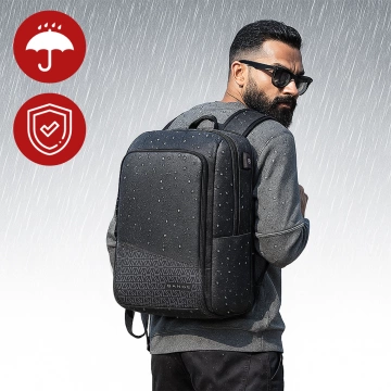 Wasserdichter Rucksack von Bange für Laptops bis 15,6 Zoll, ideal für Städtetrips, 49 x 31 x 18 cm, erweiterbar für Arbeit und Flugreisen, für Damen und Herren, mit USB-Anschluss, Schwarz