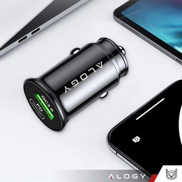 Ładowarka samochodowa 38W USB QC 3.0 18W + USB-C C PD 20W szybka mocna do telefonu Alogy Car czarna + Kabel USB-C 1m