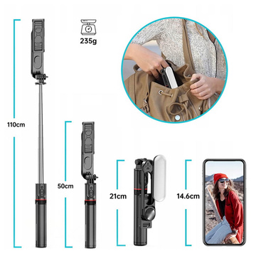 Kijek Selfie Stick uchwyt do telefonu zdjęć statyw Tripod L15 z Lampa LED + Pilot Bluetooth na telefon Czarny