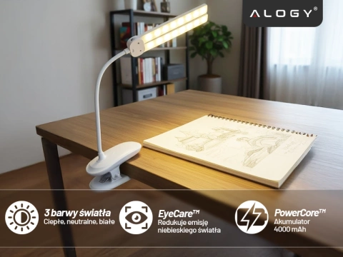 Lampka biurkowa nocna LED – akumulator 4000 mAh, podwójne oświetlenie, elastyczne ramię, klips z regulacją, idealna do biurka i łóżka – Alogy SmartClip™ Light Biała