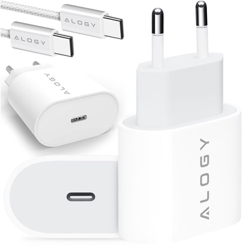 Ładowarka sieciowa szybka mocna 35W USB-C USB typ C PD GaN do iPhone Samsung +Kabel type-C 1m Alogy Biała