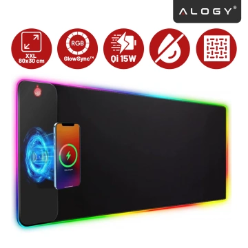 Podkładka na biurko z oświetleniem LED RGB pod myszkę mysz klawiaturę z ładowarką Qi do telefonu Alogy QiGlow Pro Mata ochronna antypoślizgowa gamingowa XL 80x30 cm Czarna
