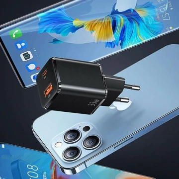 USAMS Wandladegerät 1xUSB-C 1xUSB T43 33W PD3.0 QC3.0 Kabel U63 USB-C zu Lightning schwarz/schwarz USKTZ01