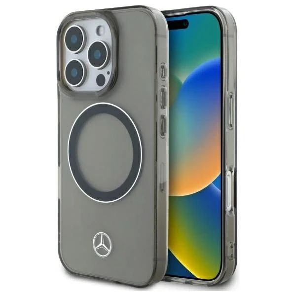 Mercedes-Hülle für iPhone 16 Pro Max 6,9 Zoll, schwarzes Hardcase, silberner Ring, MagSafe