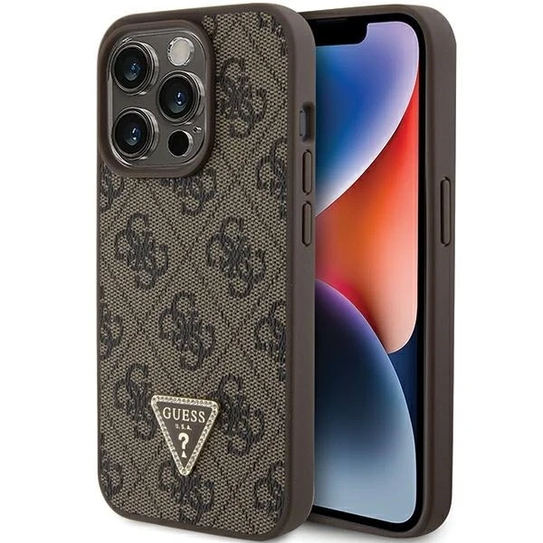 Etui Guess GUHCP15LP4TDPW für iPhone 15 Pro 6,1" braun/braunes Hardcase Leder 4G Triangle Strass