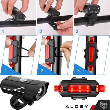 Lampka rowerowa przód + tył LED przednia tylna światło roweru oświetlenie wodoodporna IPX4 USB światełko na rower zestaw lampek Alogy