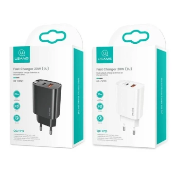 USAMS Wandladegerät 1xUSB-C 1xUSB T35 20W (nur Kopf) PD3.0 QC3.0 Fast Charging schwarz/schwarz CC121TC02 (US-CC121)