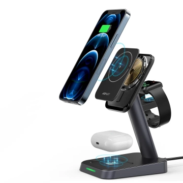 Acefast bezprzewodowa ładowarka Qi 15W do iPhone (z MagSafe), Apple Watch i Apple AirPods stojak podstawka uchwyt magnetyczny czarny (E3 black)