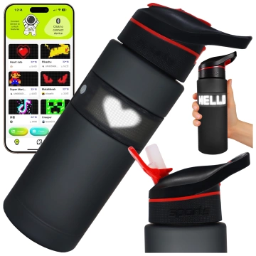 Butelka Bidon na Napoje LED, Inteligentna z Wyświetlaczem i Łącznością Bluetooth, Słomka, Motywacyjna, Wielokrotnego Użytku, Alogy FitBottle™ 800ml - Czarna