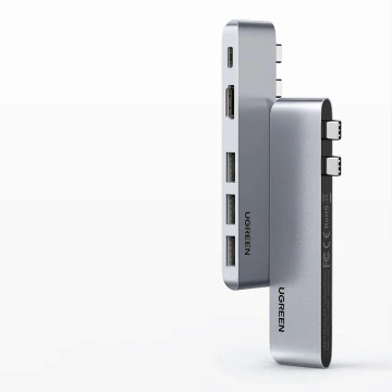 Wielofunkcyjny HUB UGREEN 2x USB Typ C na USB Typ C PD (Thunderbolt 3, 100W, 4K@60 Hz, 10 Gbps) / HDMI 4K@30 Hz / 3x USB 3.0 do MacBook Pro / Air szary (60559)