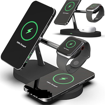 Ładowarka indukcyjna Qi Mag Safe 15W do iPhone Apple Watch AirPods bezprzewodowa 5w1 Stacja dokująca Czarna